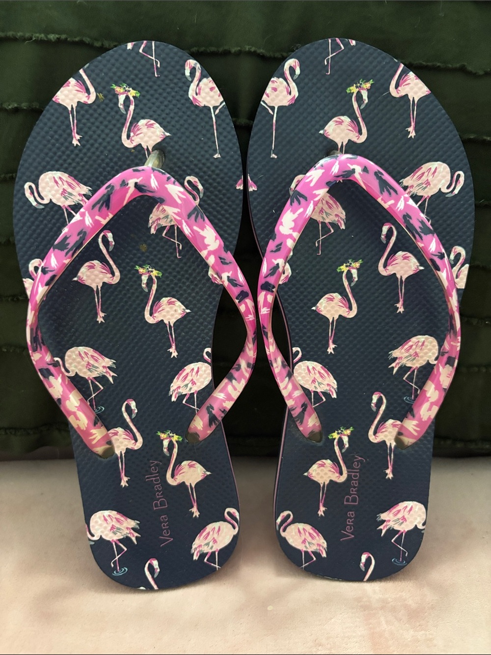 Vera Bradley Navy Flip Flops with Pink Flamingo Print - Picture 1 of 3